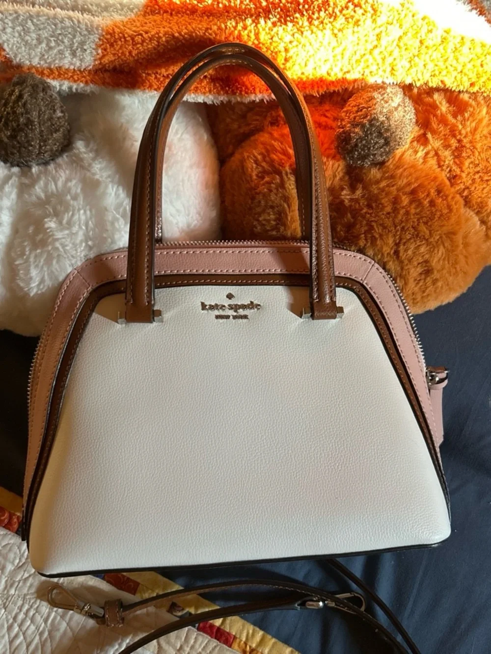 kate spade Two-Tone Cream and Brown Dome Satchel with Pink Trim